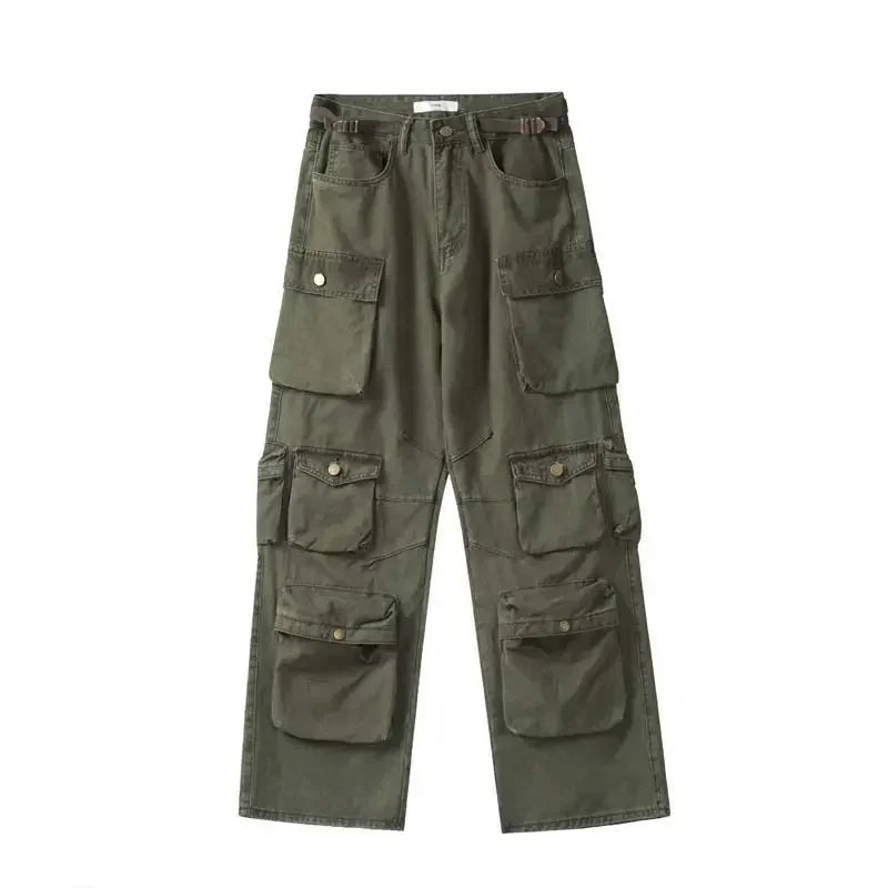 Hearujoy Harajuku Retro Solid Multi Pocket Wide Leg Cargo Pants Functional High Waist Pants Style Hip-Hop Straight Trousers Women Jeans