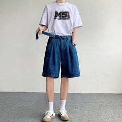 Hearujoy Wide Leg Baggy Denim Shorts Belt Design Men Summer Thin Solid Color Casual Loose Knee-length Pants Male Simple Jeans Shorts