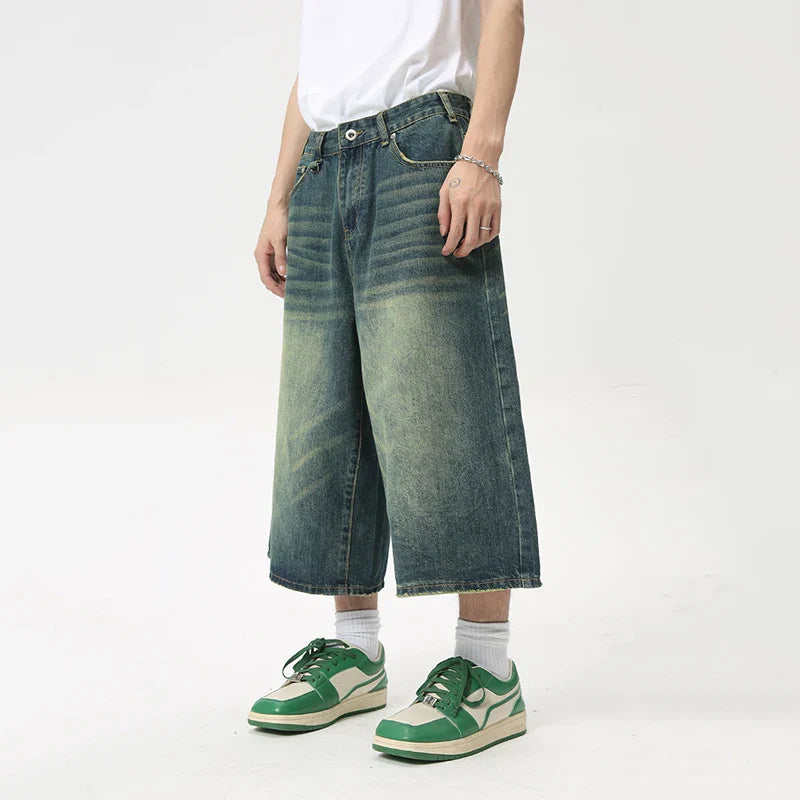 Hearujoy High Street Calf-Length Pants Denim Men's Shorts Straight Zipper Causal Wide Leg Male Trousers Chic Summer 8825