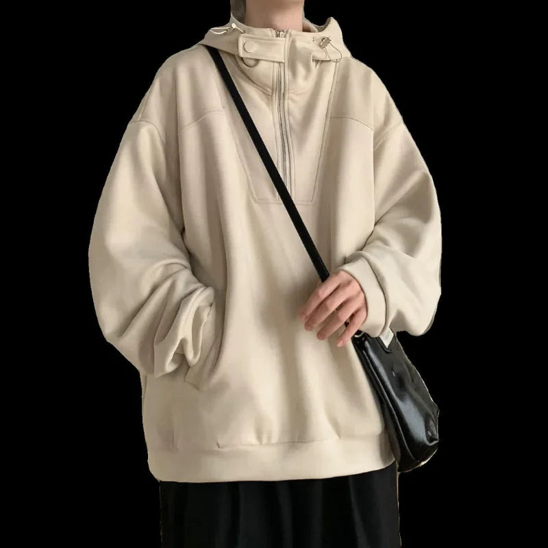 HEARUJOY  -  Japanese Retro Semi-zipper Solid Color Hooded Sweatshirt Men Women Autumn Winter Trendy Brand Loose Couple Casual Jacket
