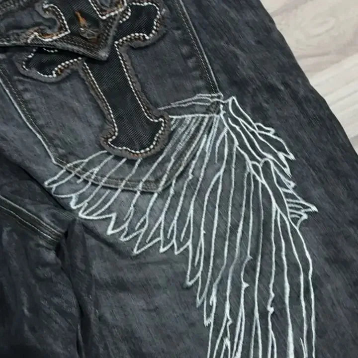 Hearujoy Vintage Jeans New Y2K Fashion Hip Hop Wing Embroidery Baggy Jeans Men And Women Streetwear Loose High Waist Wide Leg Denim Pants