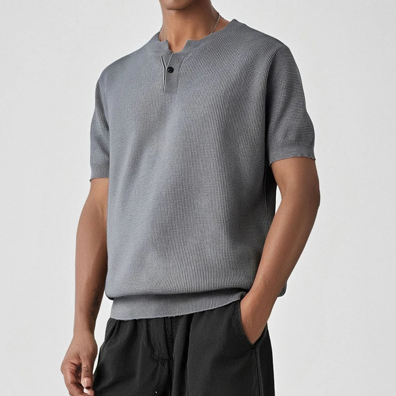 HEARUJOY  -  Vintage Men's Henley Neck Knit T Shirts Summer Casual Breathable Slim Fit Elastic Knitted Tee Men Fashion Short Sleeve Pullovers