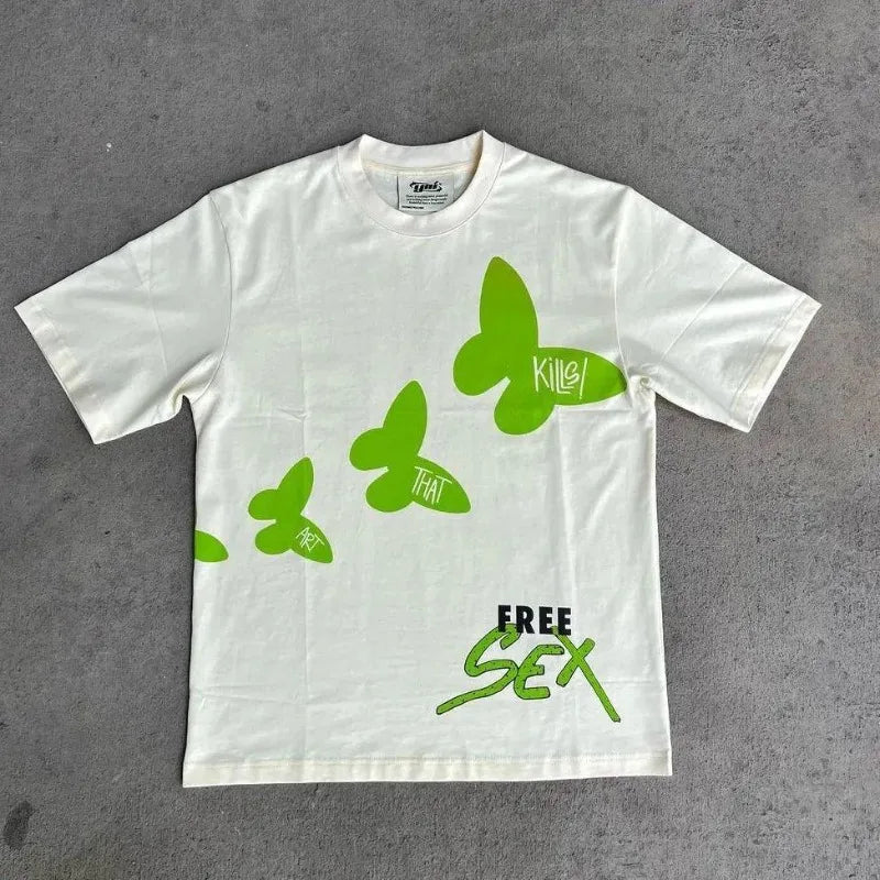 Hearujoy Street Vintage Cartoon Alphabet Print Oversized Short Sleeve T-shirt for Men Y2k Harajuku Fashion Goth Couple Shirt