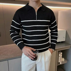 Hearujoy Autumn Winter Men's Fashion Vintage Striped Business Casual Knitted Sweater Male Polo Collar Half Zip Long Sleeve Slim Pullovers