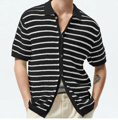 HEARUJOY  -  Men Luxury Hollow Knitwear Polo Shirt Short Sleeve Casual Streetwear Button Down Breathable Striped Contrast Knit Cardigan Tops
