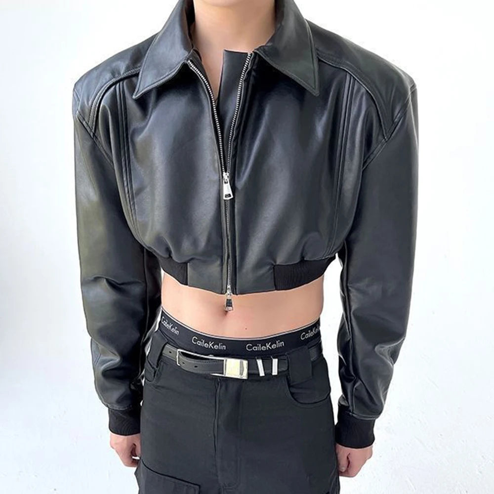 Hearujoy Autumn Product Design Sense Lgbt Sexy Navel Exposed Fashion High Street High Waist Double Zipper Wide Shoulder Leather Jacket