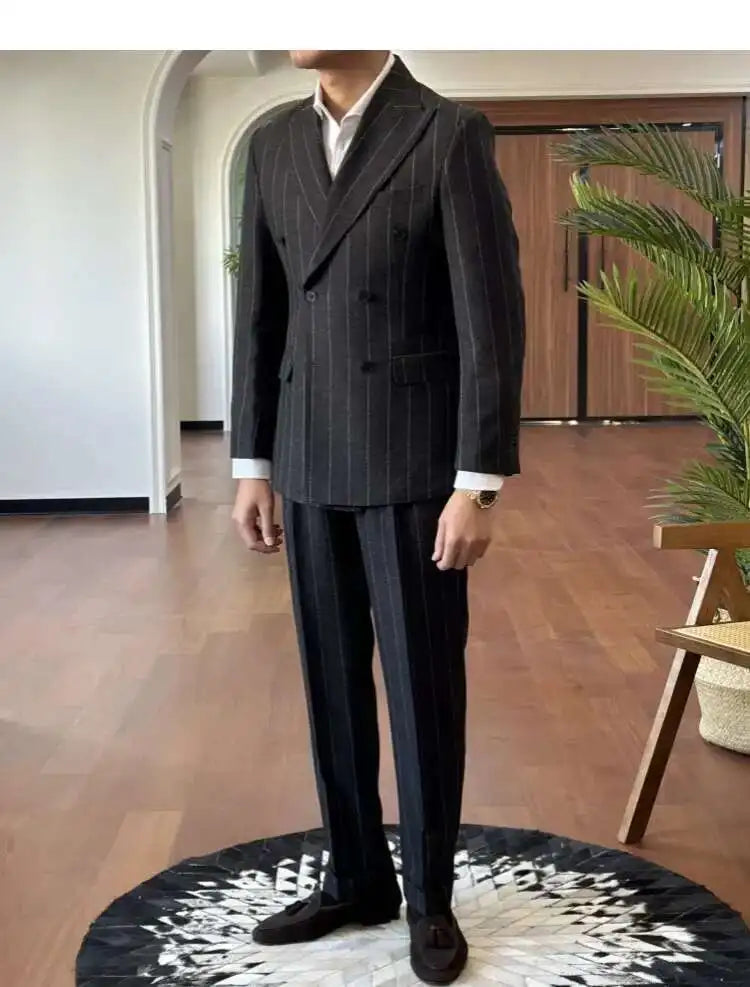 HEARUJOY  -  Men Suit Designers Slim Fit Business Casual Striped Double Breasted Suit Set Trend Traje Novio 2025 Men Tuxedo Suit Grooms Suit