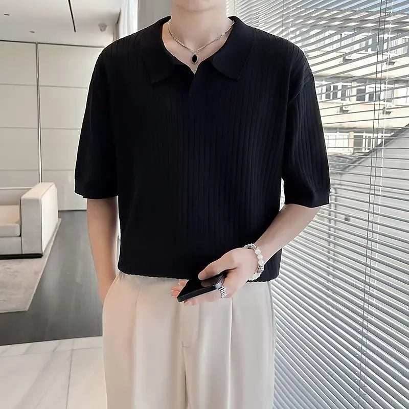 HEARUJOY  -  Men's Clothing Light Luxury Knitted Polo Shirt Casual Stripe V-Neck Solid Color Short Sleeve T-Shirt Breathable Fashion Knitwear