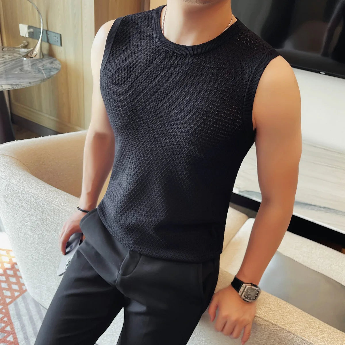 HEARUJOY  -  Men's Summer Sleeveless Vest  Breathable Mesh-Knit Fabric  Textured Crew Neck  Relaxed Fit  Casual Versatile Styling