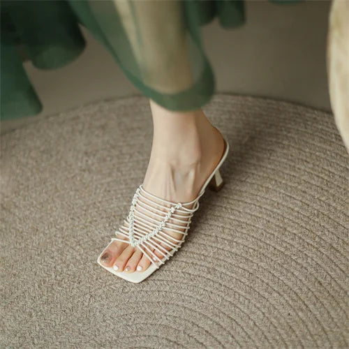 Hearujoy  2024 Summer Women Shoes Peep Toe Med Heel Slippers Fashion Split Leather Shoes for Women Casual Mules for Women Sandals