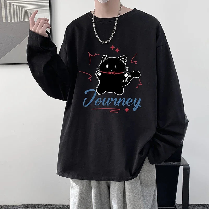 HEARUJOY  -  Men's Plain T-shirts Cotton Full Sleeves 5XL Fashion White Mens Oversized T Shirt Casual Wear Funny Cat Print Tee Shirts for Men