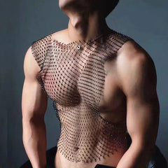 Hearujoy Flash Diamond Vest Mesh Navel Tank Tops Men's Sexy Fishnet Perspective Personality T-shirt Trend Nightclub Unisex Sexy Underwear