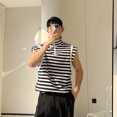 Hearujoy Fashion Korean Summer Casual Men's Turtleneck Striped Vest New Loose Top Personality Half Zipper Sleeveless T-shirt Trend