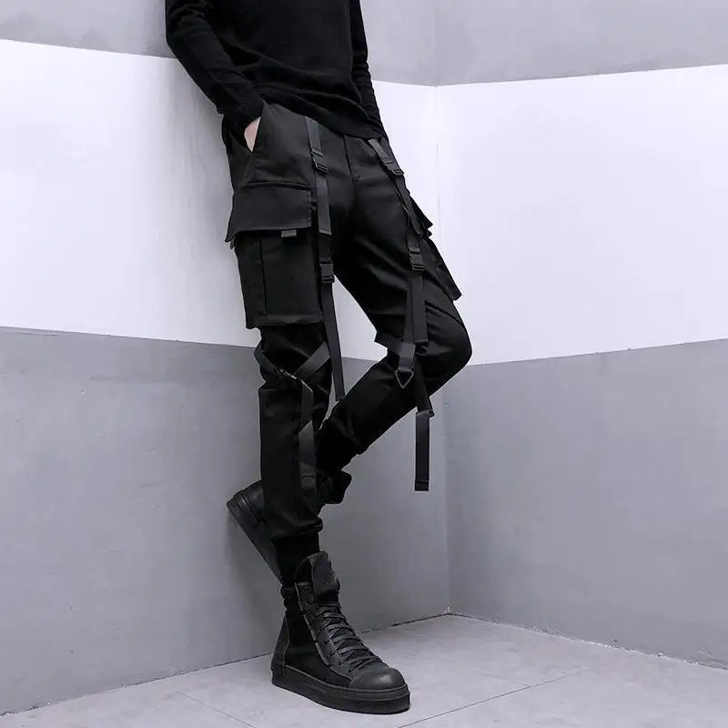 Hearujoy Techwear Black Cargo Pants for Men Cargo Trousers Male Japanese Streetwear Hip Hop Spring Ribbon Pocket Harajuku Fashion