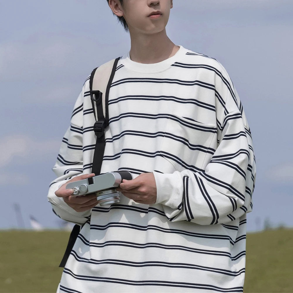 HEARUJOY  -  Casual Stripe Top Korean Style T-shirt Stripe Pattern Brand New Condition For Casual Wear Men Korean Style T-shirt