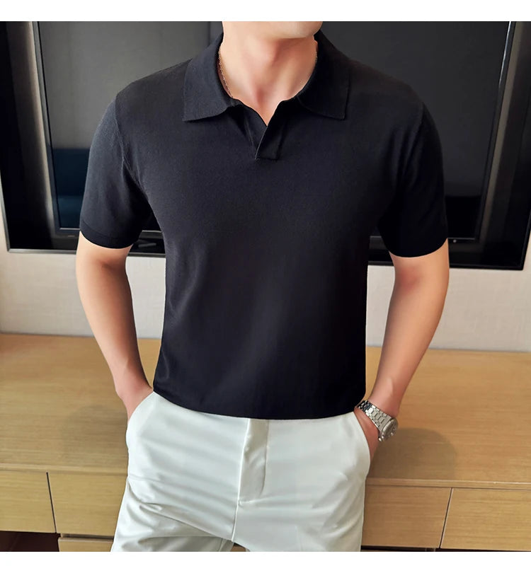 HEARUJOY  -  Men's Cooling Tencel Polo Shirt - Summer Ice Silk Knit Top with Fold Collar, Breathable Short Sleeve & Stylish Contoured Design