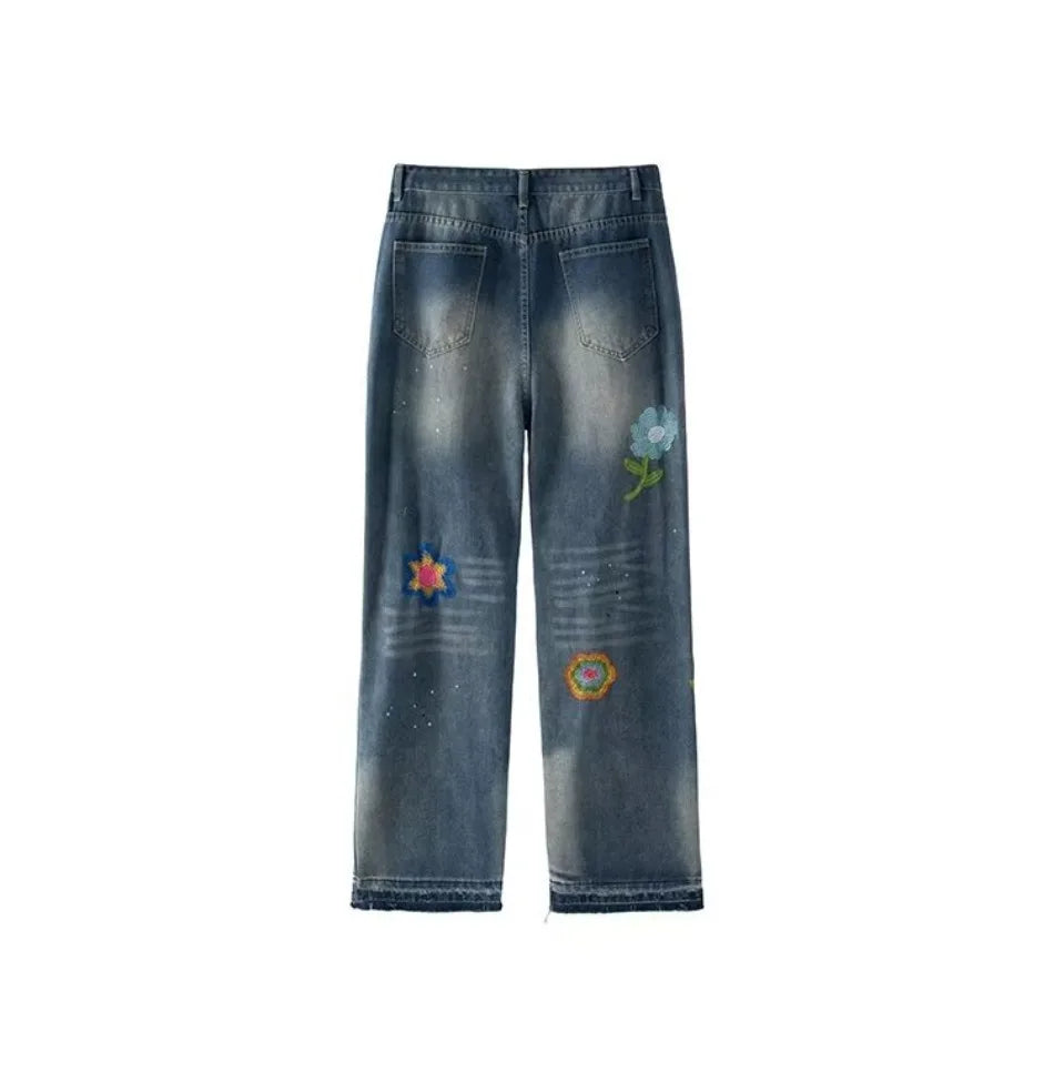HEARUJOY  -  Street American Micro Flared Jeans Mens Petal Embroidery Washed Cowboy Pants Straight Tube Burr Edge Hip Hop Denim Trousers