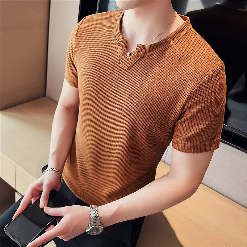 HEARUJOY  -  Men's Waffle Knit T-Shirt Short Sleeve - Premium Breathable Ice Silk Slim Fit Tee, Lightweight Casual Top, Coffee
