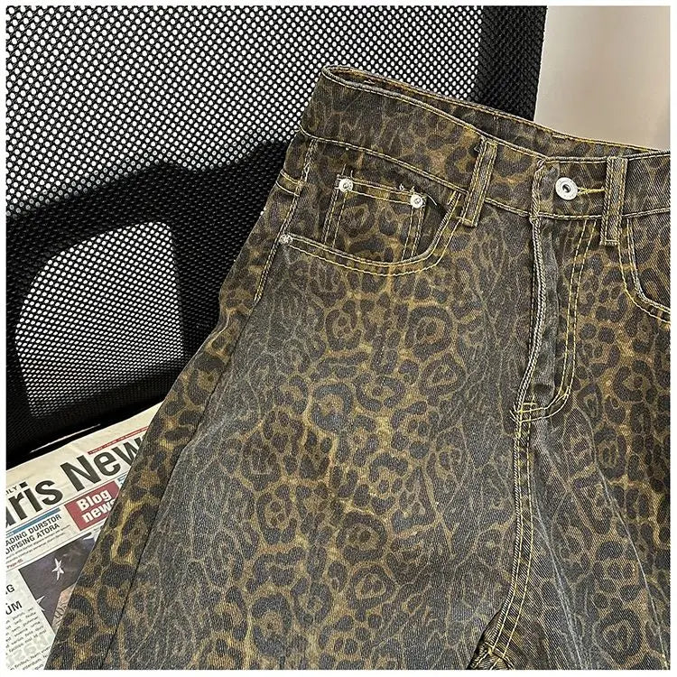 Hearujoy Retro Spring Trendy Leopard Print Jeans Women's American High Street Trousers Y2K Harajuku Style Baggy High Waist Casual Pants