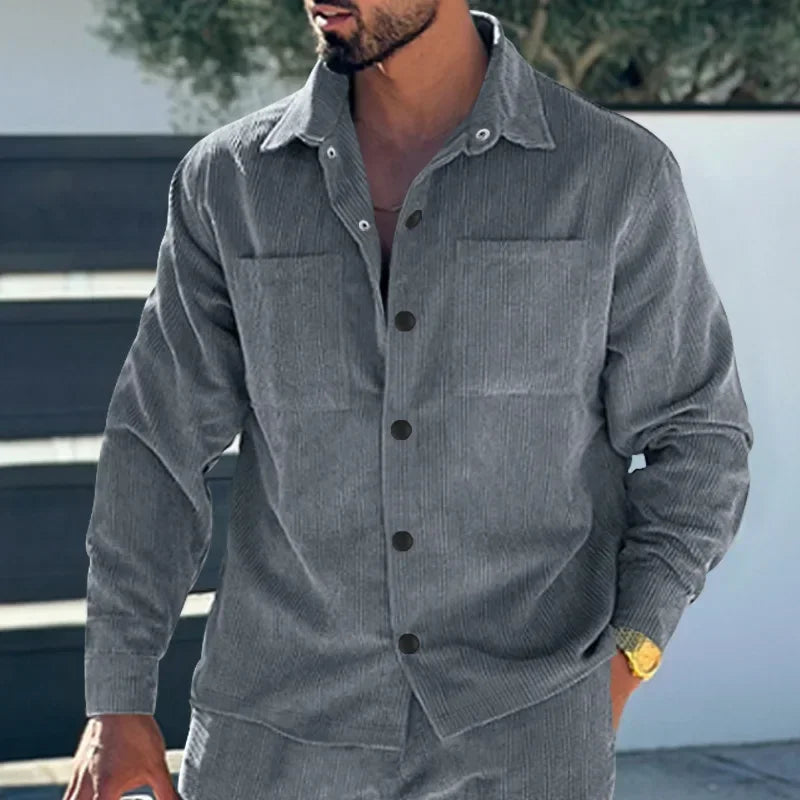 HEARUJOY  -  Men Shirts Coats Shirt Turn Down Collar Full Sleeve Single Breasted Splice Regular Casual Solid Thick Simple Coat Autumn Winter