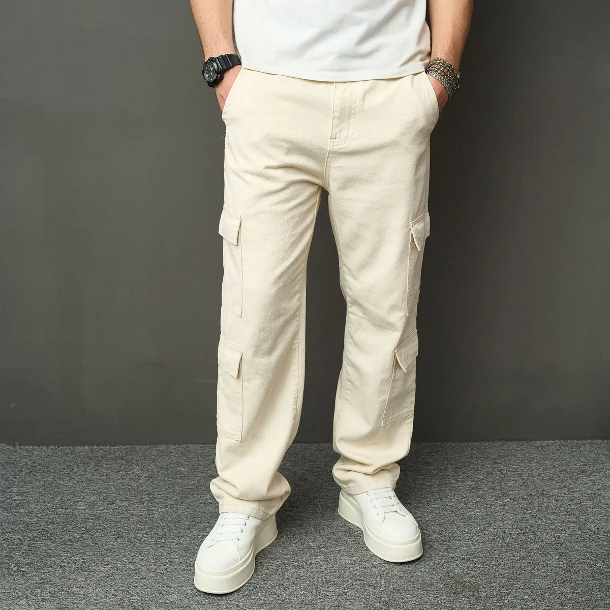 HEARUJOY  -  Spring Autumn Men American High Street Multi Pocket Cargo Pants Loose Straight Jeans Washed Workwear Wide Leg Denim Trousers