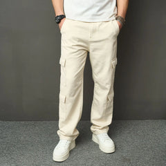 HEARUJOY  -  Spring Autumn Men American High Street Multi Pocket Cargo Pants Loose Straight Jeans Washed Workwear Wide Leg Denim Trousers