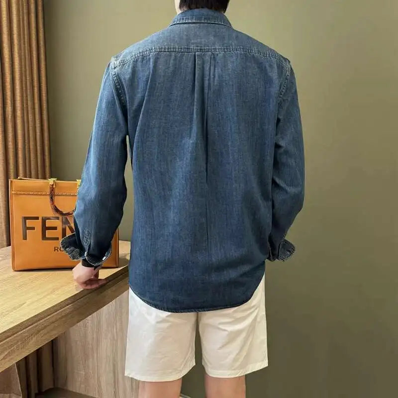 HEARUJOY  -  Lapel Collar Cotton Blend Denim Shirt Long Sleeve Shirt Retro Shirt British Versatile Casual Shirt Man Camisa Social Masculina