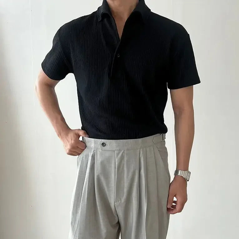 HEARUJOY  -  American Muscle Summer Fitness Suit Men's Elastic Breathable Sports Men's T-shirt Vertical Thread Slim Lapel Short Sleeves