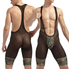 Hearujoy Bodysuit Siamese Underwear Panties Shapers Buttons Wresling Suit Breathable Mesh Mens Underwear Camouflage Transparent Bodywear