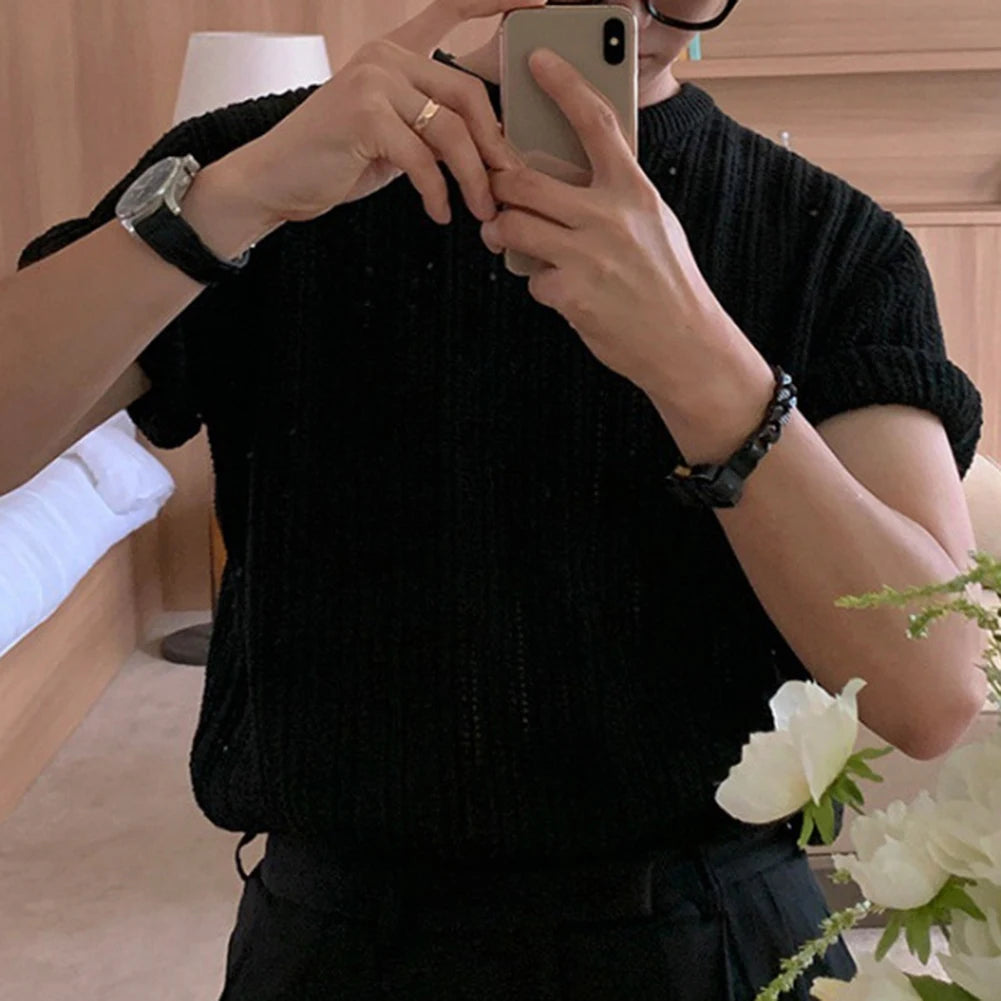 HEARUJOY  -  Fashion Knitted T-shirt For Men Top Tshirt Loose Fit Knitted Top Regular Length Garment Slight Stretch Material