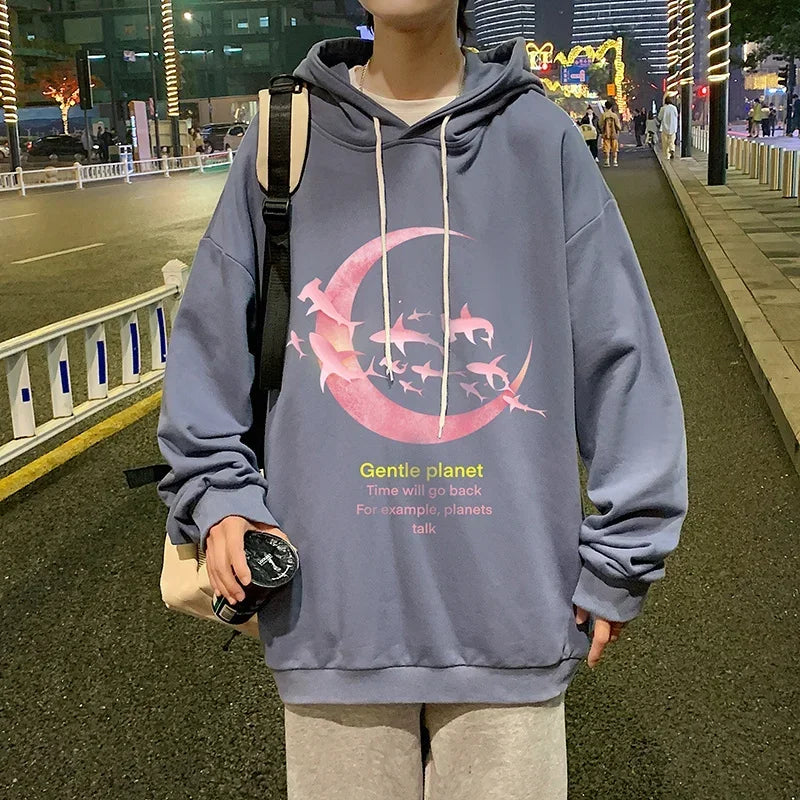 HEARUJOY  -  Funny Men's Oversized Hoodie Off White Hoodies with Hat Oversize for Men Moon Print 5XL Man Casual Wear Hoody Male Sweatshirt