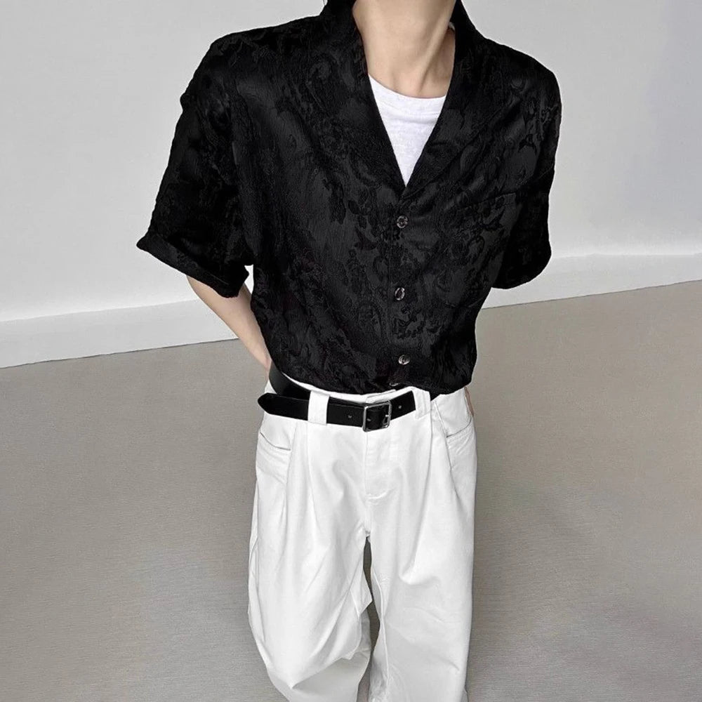 HEARUJOY  -  Mens Shirts Embroidered Jacquard Casual Shirts Spring Streetwear Fashion Youth Campus Short-Sleeved Tops Men'S Clothing 2025 New