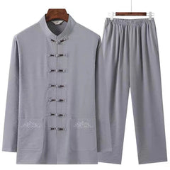 HEARUJOY  -  2 Pcs/Set Men Cotton linen Tang Suit Set Chinese Traditional Clothes Hanfu Elastic Waist Wide Leg Soft Men Shirt Trousers Sets