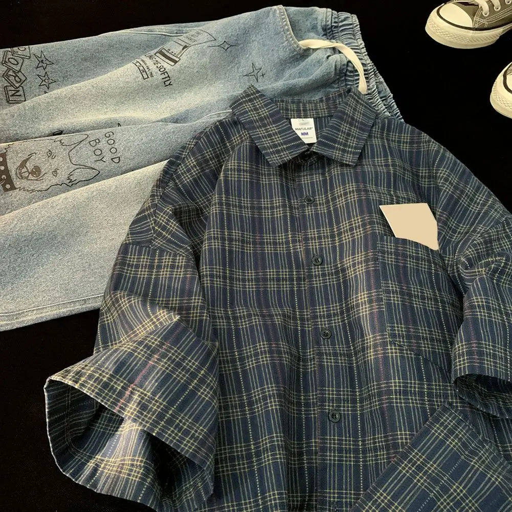HEARUJOY  -  Couple Summer Tops Loose Short Sleeve Shirt Daily Casual Wear Plaid Pattern Shirt Vacation Outfits For Daily Wear