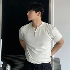 HEARUJOY  -  New Men Luxury Henry Collar T-Shirt Leisure Slim Button-down Solid Color Short Sleeve Tops Korean Style Summer Breathable Tees