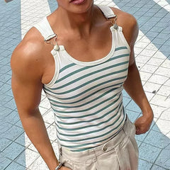 HEARUJOY  -  Summer New Striped Men's Vest Elastic Slim Fit T-shirt Fashion Clothing Metal Button Sleeveless Tees Muscle Sexy Man Tank Tops