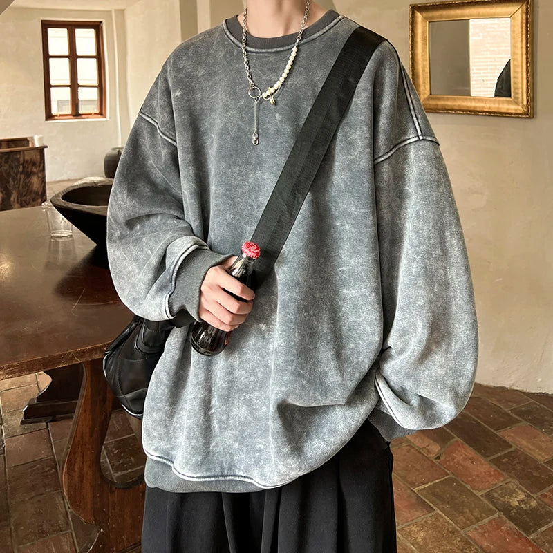 HEARUJOY  -  American Washed Old Pullovers Sweatshirts Men Loose Solid Color 2025 Autumn Large Size Warm O Neck Tops Hip Hop Y2k Sweatshirt