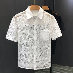 Hearujoy Mens Hollow Sexy Lace Short Sleeve Casual Shirt See-Through 2024 New Genderless Fashion Versatile Youth Trend Retro Shirt Unisex