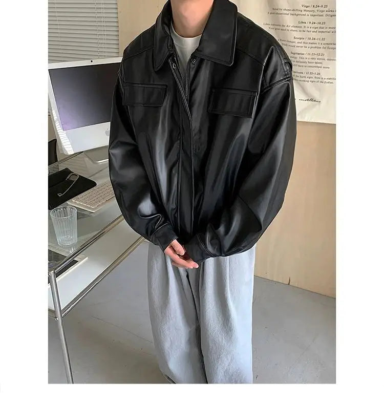 HEARUJOY  -  Men's Casual Texture PU Leather Jacket High Street Zippers Turn-down Collar Long Sleeve Retro Coat with Pocket Spring Autumn