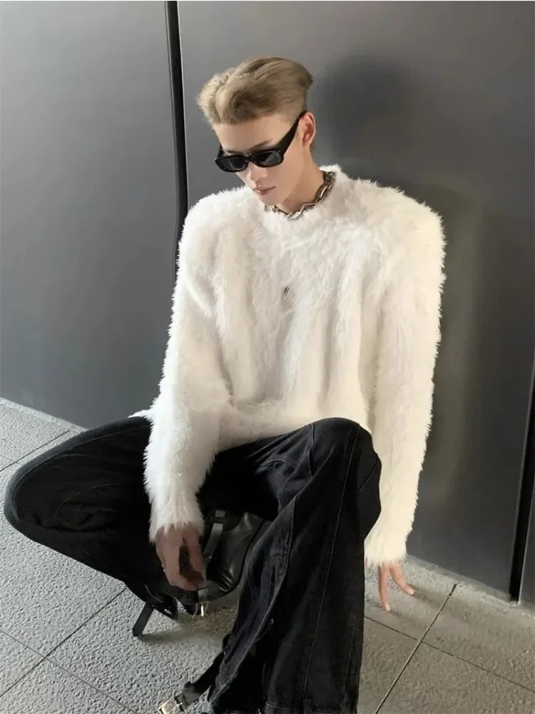 Hearujoy Korean Fashion Imitation Mink Knitted Jumper Men's Autumn and Winter New Streetwear Silhouette Solid Colour Pullover Loose Tops