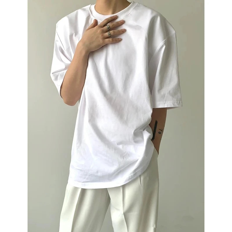 HEARUJOY  -  Summer Cotton Short Sleeved T-shirt Men Black White Casual T Shirt Men Streetwear Korean Loose Shoulder Pad T Shirt Mens Top