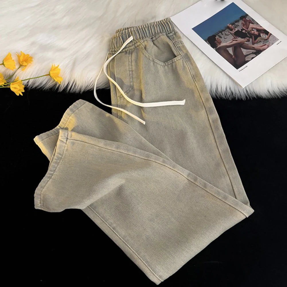 HEARUJOY  -  Men Vintage Korean Casual Pants High Street Hip Hop Straight Wide Leg Jeans Male Drawstring Streetwear