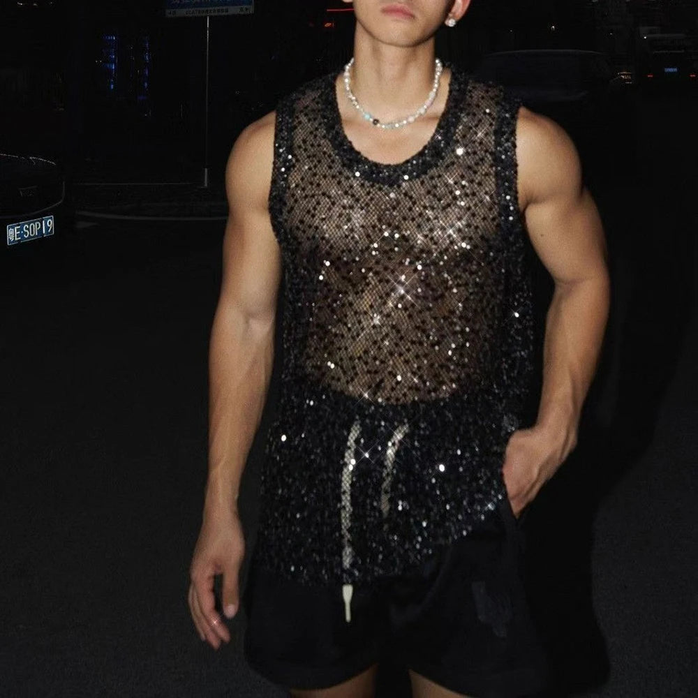 HEARUJOY  -  Mens Vest Mesh Sequins Sexy Nightclub Tank Top Summer Fashion Hollow Stage Performance Sleeveless Top Men'S Clothing 2025 New