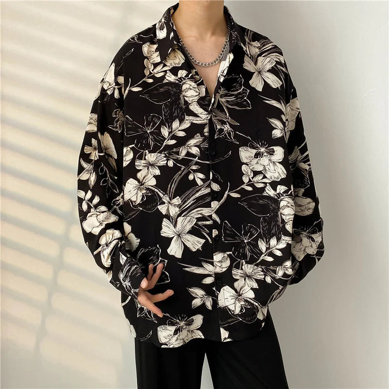 Hearujoy Spring Black Long-sleeved Shirt Men Fashion Society Mens Dress Shirt Korean Loose Casual Flower Shirt Mens Print Shirt M-3XL