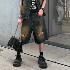 Hearujoy Ripped Hole Washed Yellow Mud Baggy Jeans for Men Straight Distressed Ropa Hombre Casual Denim Shorts Oversized Five Point Pants