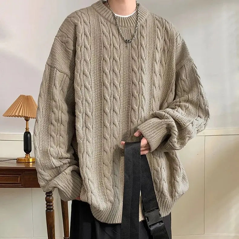 Hearujoy Solid Colour Ribbed Twist Pattern Round Neck Pullover Sweater Men Women Autumn Winter Couple Loose Knitted Woolen Top Warm Soft