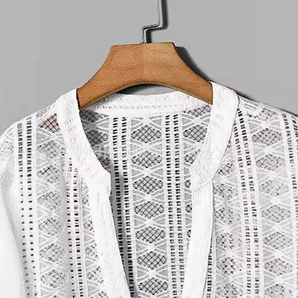 HEARUJOY  -  Men Lace T-Shirt See-Through V-Neck Mesh Thin T-Shirt Summer Streetwear Sexy Fashion Breath Long Sleeve Top Men'S Clothing 2025