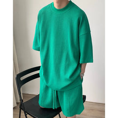 Hearujoy Summer Set Men Fashion Black Green Sports Set Men Streetwear Korean Loose Short Sleeved T-shirts Shorts Set Mens Short Sets