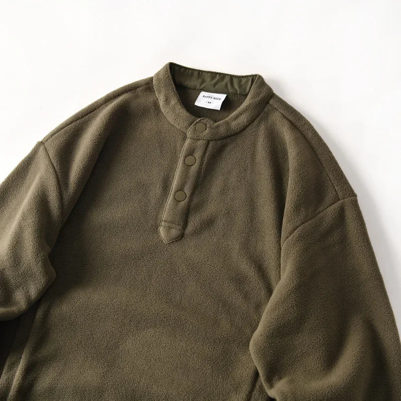 HEARUJOY  -  Men's Double-Sided Fleece Relaxed Fit Henley Neck Pullover - Warm Casual Sweatshirt for Autumn/Winter