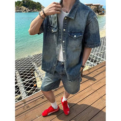 HEARUJOY  -  Casual Summer Short Sleeve Denim Shirts & Shorts Men's Sets Sreetwear Cotton Top Tee-Shirt Jean & Pant Two Piece Clothing
